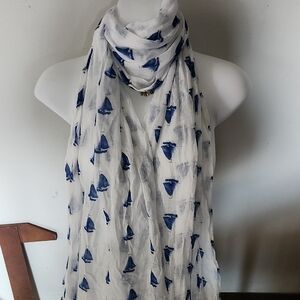 Printed Village Lightweight White Scarf with Navy Sailboat Print
